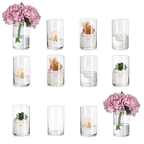 Romadedi Kerzenständer Glas Glaszylinder Kerzenhalter 12 Pcs - Windlicht Outdoor Vase für Stumpenkerzen Teelicht Schwimmkerzen Blomus für Hochzeit Wohnzimmer Party Home Deko Weihnachten Tischdeko von Romadedi