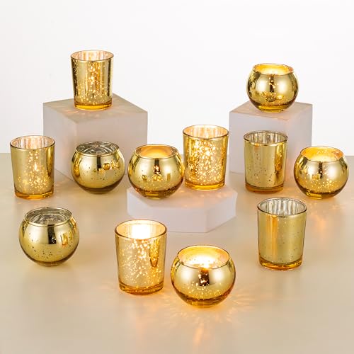 Romadedi Kerzenständer Gold Teelichthalter Tischdeko - 24er Set Glas Kerzenhalter Quecksilber Teelichter Votivkerzen für Hochzeit Tisch Wohnzimmer Weihnachten Deko Adventskranz von Romadedi