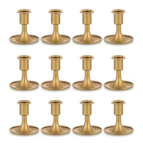 Romadedi Kerzenständer Kerzenhalter Gold Stabkerzen - 12er Set Kerzen Ständer Metall Klein für Eisen Vintage Retro für Hochzeit Thanksgiving Weihnachten Deko Advent Tischdeko von Romadedi