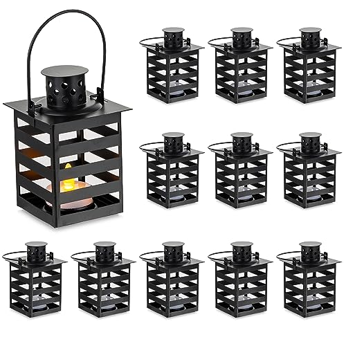 Romadedi Laterne Schwarz Halloween Deko - 12er Set Klein LED Laterne Metall zum Aufhängen für Kerzen Hochzeit Tischdeko Ramadan Garten Weihnachten Balkon Innen Outdoor Draußen Modern von Romadedi