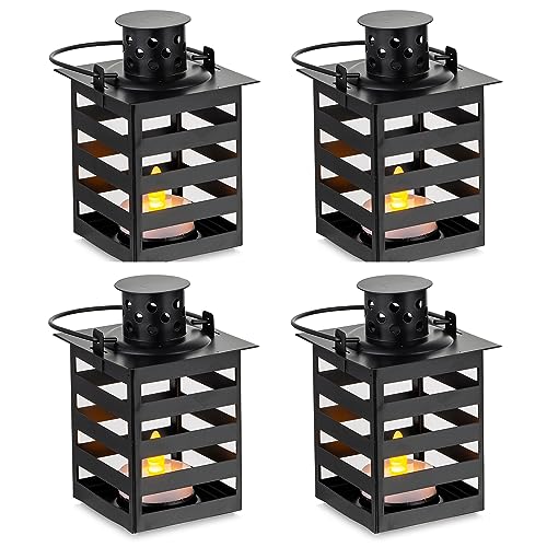 Romadedi Laterne Schwarz Halloween Deko - 4er Set Klein LED Laterne Metall zum Aufhängen für Kerzen Hochzeit Tischdeko Ramadan Garten Weihnachten Balkon Innen Outdoor Draußen Modern von Romadedi