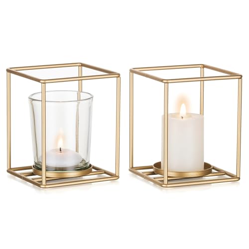 Romadedi Metall Gold Teelichthalter Windlicht Mit Glaeser 2er Set für Kerzen Stumpenkerze Wohnzimmer Hochzeit Geburtstag Home Deko Tischdeko Geschenke Weihnachten Dekoration von Romadedi