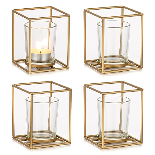 Romadedi Metall Gold Teelichthalter Windlicht Mit Glaeser 4er Set für Kerzen Stumpenkerze Wohnzimmer Hochzeit Geburtstag Home Deko Tischdeko Geschenke Weihnachten Dekoration von Romadedi