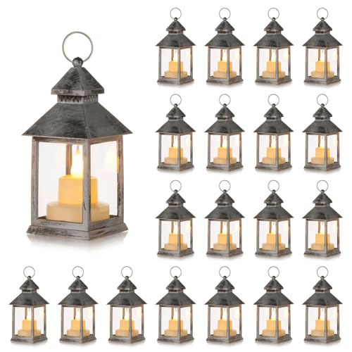 Romadedi Mini Laterne Halloween Tischdeko - Romadedi 20er Set Silber LED Laterne Metall zum Aufhängen für Weihnachten Hochzeit Tisch Ramadan Garten Balkon Innen Outdoor Draußen Herbst Party von Romadedi