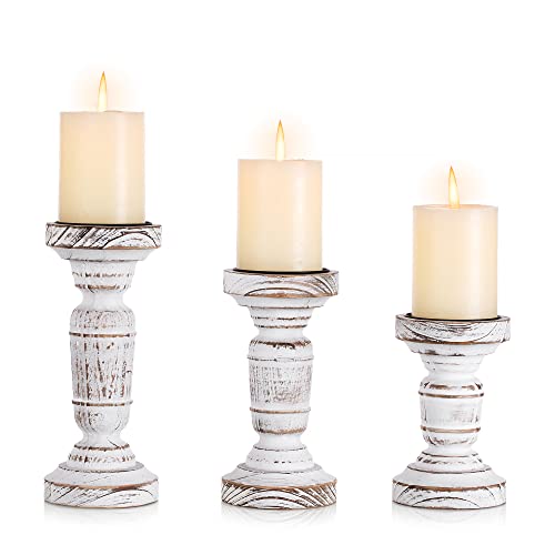 Romadedi Kerzenhalter Stumpenkerzen Holz Kerzenständer - 3er Set Shabby Chic Vintage Tischdeko Landhausstil Deko 16/20/24cm Rustikale Kamin Weihnachten Wohnzimmer, Weiß von Romadedi