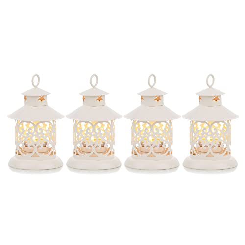 Romadedi Teelicht Laterne Weiß Deko - 4er Set Vintage Laterne Kerze Metall Klein mit Gravur für Kerzen, Tischdeko, Hochzeit, Weihnachten, Ramadan, Balkon, Garten, Outdoor von Romadedi
