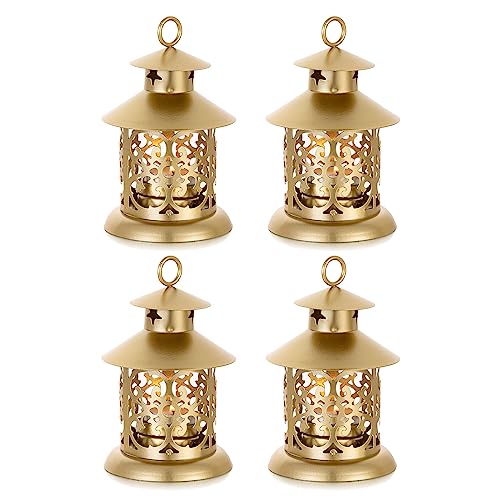 Romadedi Teelicht Laterne Gold Deko - 4er Set Vintage Laterne Kerze Metall Klein mit Gravur für Kerzen, Tischdeko, Hochzeit, Weihnachten, Ramadan, Balkon, Garten, Outdoor von Romadedi