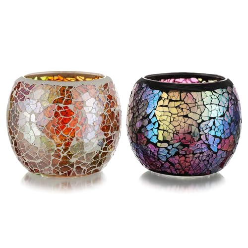 Romadedi Teelichthalter Glas Bunte Mosaik - 2er Set Teelichtgläser für Votivkerzen & Teelichter Orientalisches Windlicht für Geburtstag Haus Wohnzimmer Tisch Deko von Romadedi