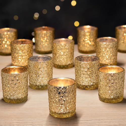 Romadedi Teelichthalter Kerzenhalter Glas Gold - 12er Set Quecksilber Windlicht Kerzenständer für Teelichter Kerzen Tischdeko Hochzeit Party Dekoration Weihnachten Dekoration von Romadedi