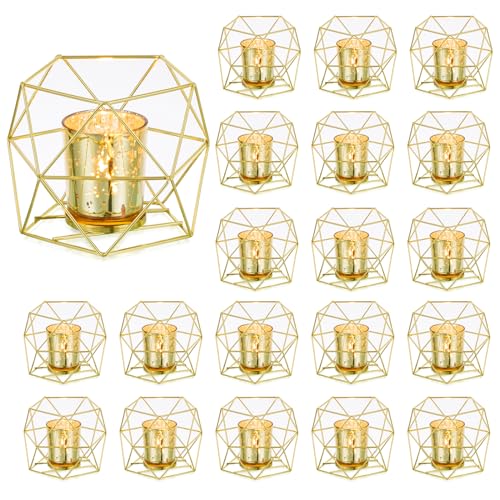 Romadedi Teelichthalter Kerzenhalter Metall Gold - 20er Set Geometrisches Teelichter Kerzenständer Stumpenkerze Windlicht Modern Geo Deko für Tischdeko Party Hochzeit Wohnzimmer Weihnachten von Romadedi