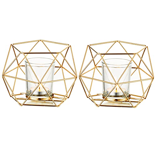 Romadedi Teelichthalter Kerzenhalter Metall Gold - 2er Set Geometrisches Teelichter Kerzenständer Stumpenkerze Windlicht Modern Geo Deko für Tischdeko Party Hochzeit Wohnzimmer Weihnachten von Romadedi