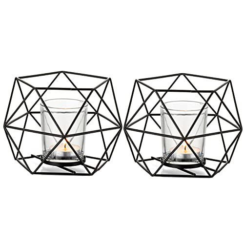 Romadedi Teelichthalter Kerzenhalter Metall Schwarz - 2er Set Geometrisches Teelichter Kerzenständer Stumpenkerze Windlicht Modern Geo Deko für Tischdeko Party Hochzeit Wohnzimmer Weihnachten von Romadedi