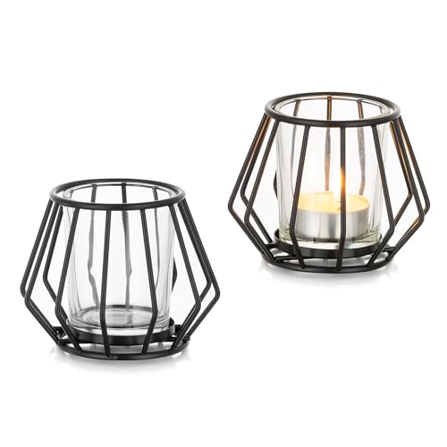 Romadedi Teelichthalter Schwarz Metall Kerzenhalter: 2er Set Windlicht Klein für Teelichter Deko Wohnzimmer Tischdeko Teelichtgläser für Zimmer Schlafzimmer Esstisch Home Decor von Romadedi
