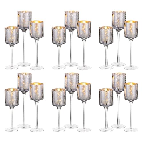 Romadedi Teelichthalter Windlicht Glas Silber - 18er Set Kerzenhalter Hoch Kerzenständer Teelichter Teelichtgläser Stumpenkerzen Hochzeit Wohnzimmer Party Deko Tischdeko, 20/23/26 cm von Romadedi