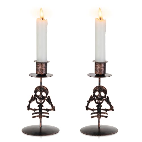 Romadedi Totenkopf Kerzenhalter Halloween Deko: 2er Set Klein Gothic Skelett Kerzenständer Stabkerzen Schwarz für Gruselig Tischdeko Dekoration Fenster Party Tisch Innen Geschenke von Romadedi