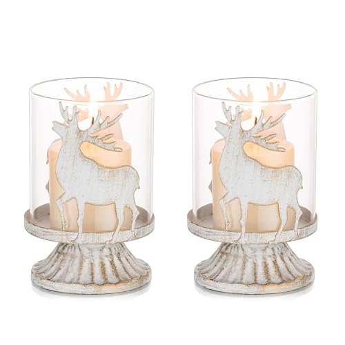 Romadedi Weihnachten Kerzenhalter Kerzenständer Vintage Deko: 2er Set Hirsch Rentier Windlichter Kerzenleuchter für Tischdeko Landhausstil Tisch Geschenk Weihnachtsdeko Kamin Dekoration, Weiß von Romadedi