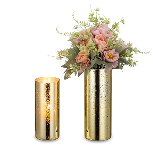 Romadedi Windlicht Glas Gold Glaszylinder- 2er Kerzenständer Kerzengläser für Schwimmende Kerzen Stumpenkerzen Glaszylinder Vasen für Blumen Tischdeko Weihnachten Hochzeit Party Wohnzimmer Deko von Romadedi