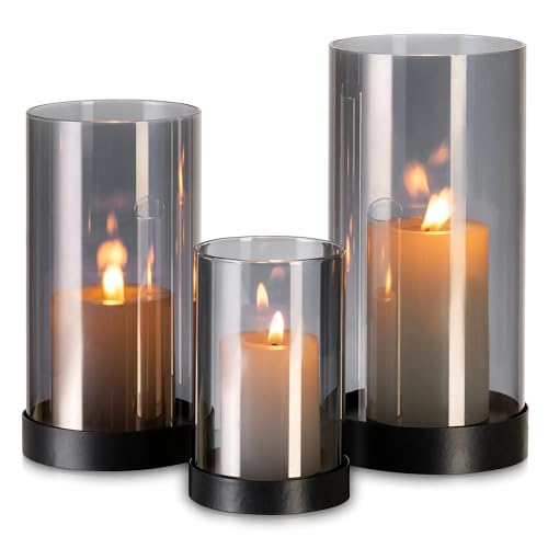 Romadedi Windlicht Glas Kerzenständer Kerzenhalter：3er Set Schwarz Windlichter Für Tischdeko Esstisch Stumpenkerzen Kerzenglas Gross Glaszylinder Für Kerzen Outdoor Hochzeit Wohnzimmer Deko von Romadedi