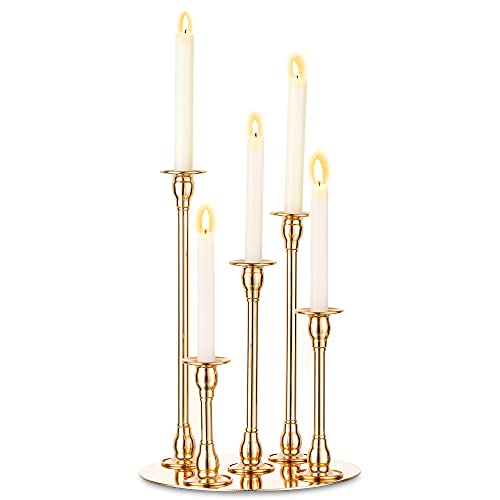 Romadedi kerzenleuchter 5-armig Kerzenständer Gold - Metall Kerzenhalter Tischleuchter für 5 Stabkerze Kerzen 25cm Tablett für Hochzeit Party Weihnachten Tischdeko Vintage Modern Deko Wohnzimmer von Romadedi