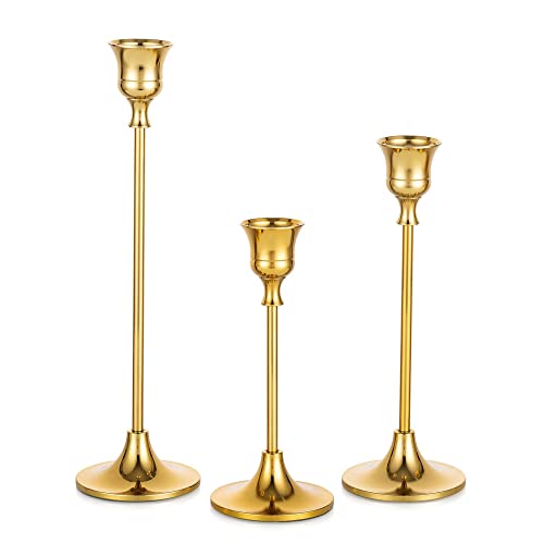 Romadedi kerzenständer Metall Gold 3er Set - Dekorativer Vintage Kerzenhalter in Unterschiedlicher Größe Kerzen Ständer für Stabkerze Spitzkerzen Hochzeit Party Weihnachten Tischdeko 15/19/24cm von Romadedi