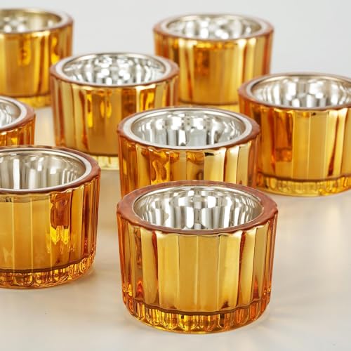 Teelichthalter Glas Gold Windlicht Set - Romadedi 12 Stück Teelichtgläser 5.5x3.8cm Teelichtglas Windlichter Tischdeko Weihnachten Hochzeit Desktop Wohnzimmer Geburtstag Deko von Romadedi