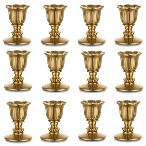 Vintage Kerzenständer kerzenhalter Stabkerzen Messing - Romadedi 12er Set Kleine Stabkerzenhalter Gold für Retro Antik Tischdeko Hochzeit Wohnzimmer Weihnachten Party Adventskranz Deko von Romadedi