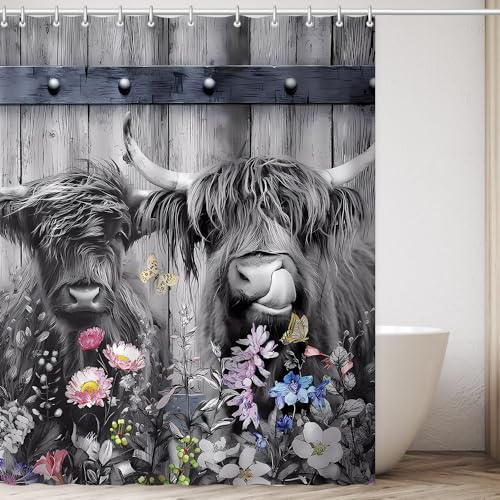 Farmhouse Highland Kuh Duschvorhang 183 x 183 cm rustikaler Duschvorhang-Set für Badezimmer Western Get Naked Kuh Vorhang lustig niedlich Bauernhof Tier Rinder Land Badezimmer Dekor mit 12 Haken von Romantic Angels