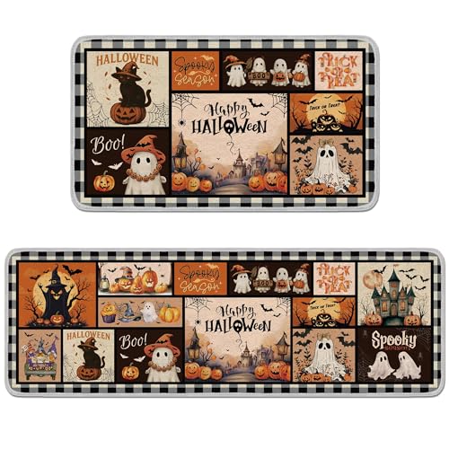 Halloween-Geister- und Kürbis-Fußmatten-Set, 2 Stück, kariert, gruselige Dekorationsmatten für Küche, Eingangsbereich oder Innenbereich, lustige Halloween-Teppiche (40,6 x 71,1 cm und 40,6 x 129,9 cm) Halloween-Geister- und Kürbis-Fußmatten-Set, 2 Stück, kariert, gruselige Dekorationsmatten für Küche, Eingangsbereich oder Innenbereich, lustige Halloween-Teppiche (40,6 x 71,1 cm und 40,6 x 129,9 cm) von Romart