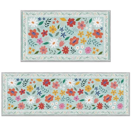 Küchen-Fußmatten-Set, bunt, dekorative Teppiche mit Wildblumen- und Blätterbordüre, Frühlingsgeschenk für Frauen oder Gartenliebhaber (40,6 x 71,1 cm und 40,6 x 129,9 cm) von Romart