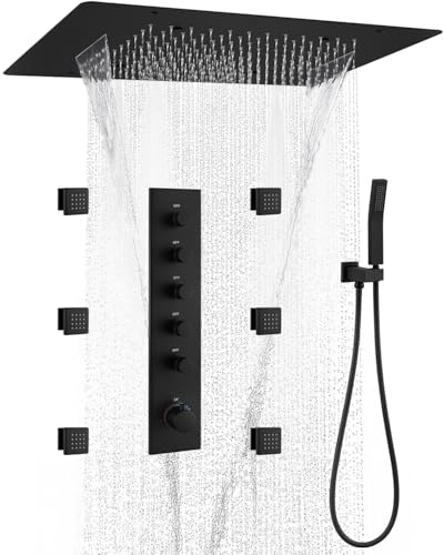 RomceBath Mattschwarzes Wasserfall-Duschsystem, 3-in-1-Multifunktions-Regendecke, 40,6 x 61 cm, Luxus-Duschkopf, Messing, 5-Wege-Thermostatgriff, Wasserhahnventil mit Handgerät, Ganzkörper-6-Düsen-Set RomceBath Mattschwarzes Wasserfall-Duschsystem, 3-in-1-Multifunktions-Regendecke, 40,6 x 61 cm, Luxus-Duschkopf, Messing, 5-Wege-Thermostatgriff, Wasserhahnventil mit Handgerät, Ganzkörper-6-Düsen-Set von RomceBath