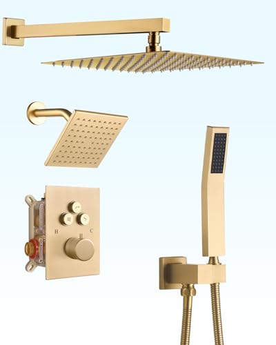 RomceBath Thermostat-Duscharmatur-Set, gebürstetes Gold, Dual 12+ 15,2 cm, Wandhalterung, Regenduschkopf mit Druckknopf, 3-Wege-Modi, Ventil und Verkleidungsset und Handsprüher Combo RomceBath Thermostat-Duscharmatur-Set, gebürstetes Gold, Dual 12+ 15,2 cm, Wandhalterung, Regenduschkopf mit Druckknopf, 3-Wege-Modi, Ventil und Verkleidungsset und Handsprüher Combo von RomceBath