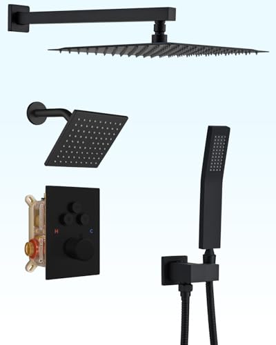 RomceBath Thermostat-Regenduscharmatur-Set, mattschwarz, 12 + 15,2 cm, Wandmontage, Regenduschkopf mit Druckknopf, 3-Wege-Modi, Ventil und Verkleidungsset und Handsprüher Combo RomceBath Thermostat-Regenduscharmatur-Set, mattschwarz, 12 + 15,2 cm, Wandmontage, Regenduschkopf mit Druckknopf, 3-Wege-Modi, Ventil und Verkleidungsset und Handsprüher Combo von RomceBath