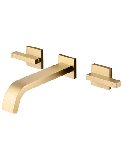 Wandmontage, Waschbeckenarmatur, massives Messing, Wasserfall-Waschbecken, 2 Hebelgriffe, Wasserhahn-Set, gebürstetes Gold, RomceBath modernes Waschbecken, 3 Löcher, Wasserhahn mit grobem Ventil für Wandmontage, Waschbeckenarmatur, massives Messing, Wasserfall-Waschbecken, 2 Hebelgriffe, Wasserhahn-Set, gebürstetes Gold, RomceBath modernes Waschbecken, 3 Löcher, Wasserhahn mit grobem Ventil für von RomceBath