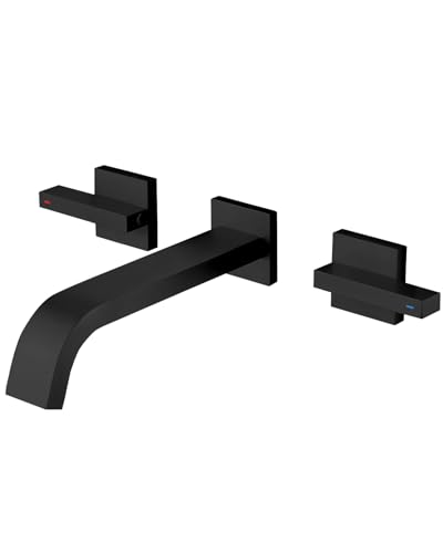 Wandmontage, Waschbeckenarmatur, massives Messing, Wasserfall-Waschbecken, 2 Hebelgriffe, Wasserhahn-Set, mattschwarz, RomceBath modernes Waschbecken, 3 Löcher, Wasserhahn mit grobem Ventil für Wandmontage, Waschbeckenarmatur, massives Messing, Wasserfall-Waschbecken, 2 Hebelgriffe, Wasserhahn-Set, mattschwarz, RomceBath modernes Waschbecken, 3 Löcher, Wasserhahn mit grobem Ventil für von RomceBath