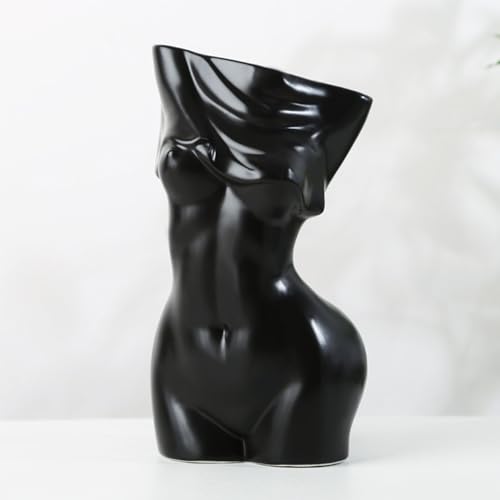 Schwarze Körpervase - 19.5cm Keramik Blumenvase in Frauenform, Moderne Skulptur für Wohnzimmer Deko & Blumenarrangements von Romehaha