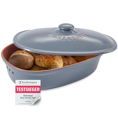 Römertopf Brottopf MAXI aus natürlicher Keramik, Brotbehälter für lebensmittelecht Brotaufbewahrung blau-grau, Terrakotta von Romertopf