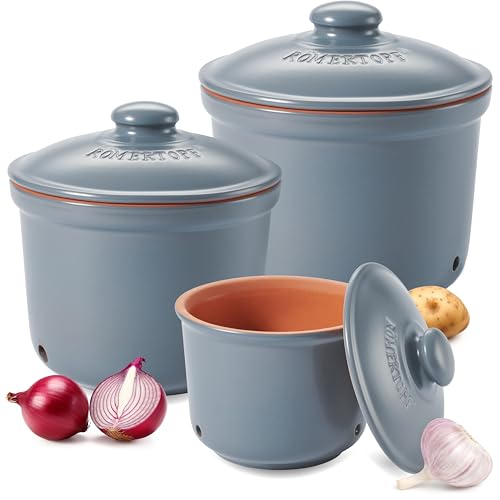 Römertopf Frische-Topf 3er Set - Knoblauch, Zwiebel und Kartoffel Aufbewahrungsbox Keramik - Atmungsaktiver Ton hält Gemüse länger frisch - Blau-grau von Romertopf