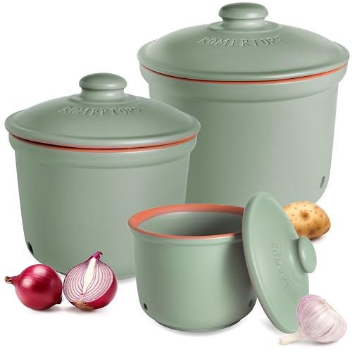 Römertopf Frische-Topf 3er Set - Knoblauch, Zwiebel und Kartoffel Aufbewahrungsbox Keramik - Atmungsaktiver Ton hält Gemüse länger frisch - Grün von Römertopf
