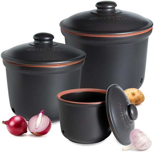 Römertopf Frische-Topf 3er Set - Knoblauch, Zwiebel und Kartoffel Aufbewahrungsbox Keramik - Atmungsaktiver Ton hält Gemüse länger frisch - Schwarz Römertopf Frische-Topf 3er Set - Knoblauch, Zwiebel und Kartoffel Aufbewahrungsbox Keramik - Atmungsaktiver Ton hält Gemüse länger frisch - Schwarz von Römertopf