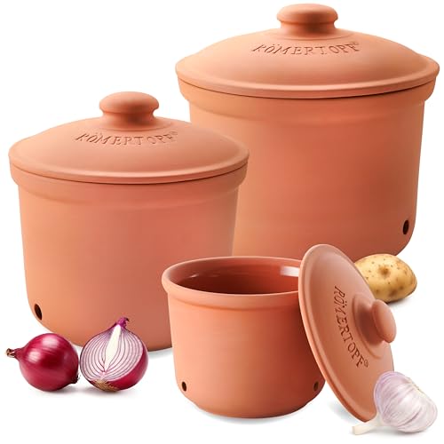 Römertopf Frische-Topf 3er Set - Knoblauch, Zwiebel und Kartoffel Aufbewahrungsbox Keramik - Atmungsaktiver Ton hält Gemüse länger frisch - Terrakotta von Romertopf
