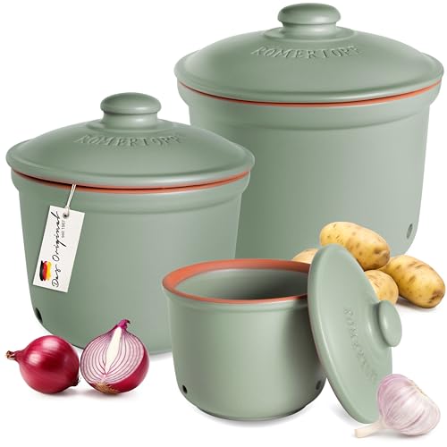 Römertopf Frischeaufbewahrung Kartoffel Zwiebeln Knoblauch Ton Topf 3er Set mit Deckel - Grün Römertopf Frischeaufbewahrung Kartoffel Zwiebeln Knoblauch Ton Topf 3er Set mit Deckel - Grün von Romertopf