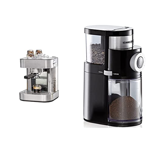 Rommelsbacher Espresso Maschine EKS 2010 - Siebträger, Filtereinsatz für 1 bzw. 2 Tassen, Vorbrühfunktion, 19 Bar Pumpendruck & Kaffeemühle EKM 200, 2-12 Portionen, 110 Watt, schwarz von Rommelsbacher