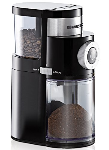 ROMMELSBACHER Kaffeemühle EKM 200 – aromaschonendes Scheibenmahlwerk, Mahlgrad einstellbar von grob bis fein, 2-12 Portionen, Füllmenge Bohnenbehälter 250 g, 110 Watt, schwarz von Rommelsbacher