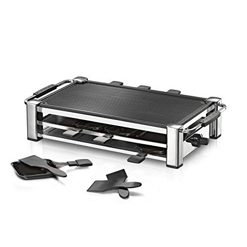 ROMMELSBACHER RCC 1500 Raclette-Grill (extra langes Kabel (2m), Tischgrill für 8 Personen, gerippte Alu-Druckguss-Grillplatte, Xylan Plus Antihaftbeschichtung, Parkdeck, 1500 W) chrom von Rommelsbacher