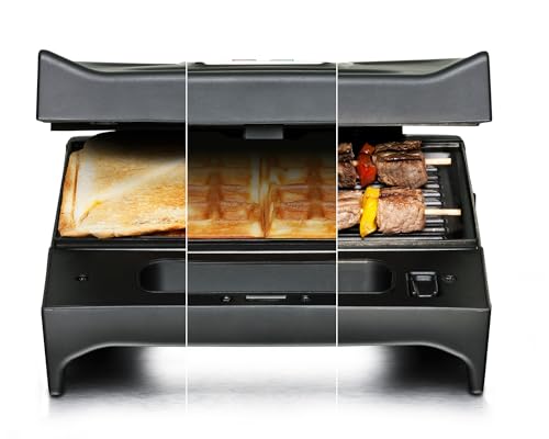 ROMMELSBACHER Multi Toast & Grill SWG 700 'Max' - 3 antihaftbeschichtete Wechselplatten für Sandwiches, Belgische Waffeln, Gegrilltes, 700 Watt, schwarz/edelstahl von Rommelsbacher