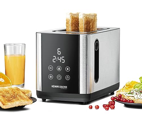 ROMMELSBACHER TOASTER TO 850, 2 breite Schlitze für Brote bis XL Toast, automatische Brotscheibenzentrierung, LED-Display, Countdown-Anzeige, 9 Stufen, Auftaustufe, Brötchenaufsatz, Krümelschublade von Rommelsbacher