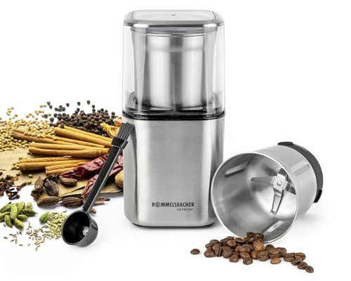 ROMMELSBACHER Gewürz und Kaffee Mühle EGK 200 - 2 Edelstahlbehälter mit Schlagmesser & Spezialmesser, Füllmenge 70 g, Mahlgrad über Mahldauer wählbar, auch für Pesto, Gewürze, Nüsse, Zucker, 200 Watt von Rommelsbacher