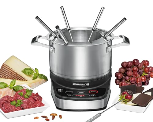 ROMMELSBACHER Elektro Fondue Set F 1200 - Fonduetopf aus Edelstahl (2,5 Liter), 6 Fonduegabeln, 3 Programme, extra langes Kabel, hohe Temperaturgenauigkeit, 1200 Watt von Rommelsbacher