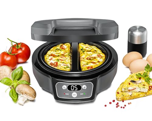 ROMMELSBACHER Omelett Chef OM 950 - Cool Touch Gehäuse, extratiefe Backmulden für 2 Omeletts, Antihaftbeschichtung, 20 Min. Zeitschaltuhr, LED-Display, Kontrolllampen, Überlaufrinne, 950 Watt von Rommelsbacher