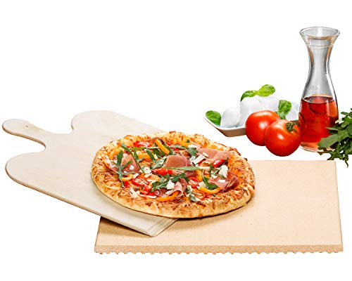 ROMMELSBACHER Pizza-/Brotbackstein Set PS 16 - Stein aus natürlicher Schamotte, lebensmittelecht, 35 x 35 cm, inkl. Holzschaufel von Rommelsbacher